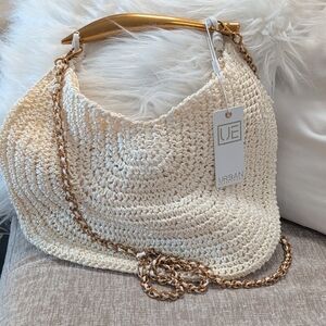 Urban Expressions Ivory Crochet Shoulder Bag with Gold Chain Brand New